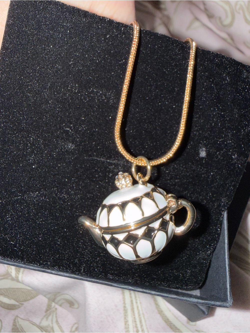 Gold and White Teapot Pendant Necklace 36” Adjustable Locket - Picture 3 of 12